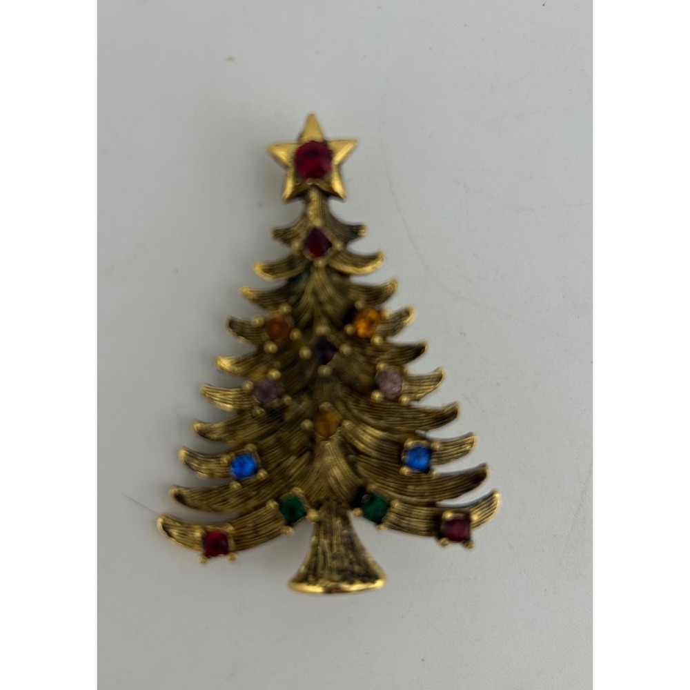Eisenberg ICE I've Vintage Gold Tone Christmas Tree Brooch Rhinestones Red Star